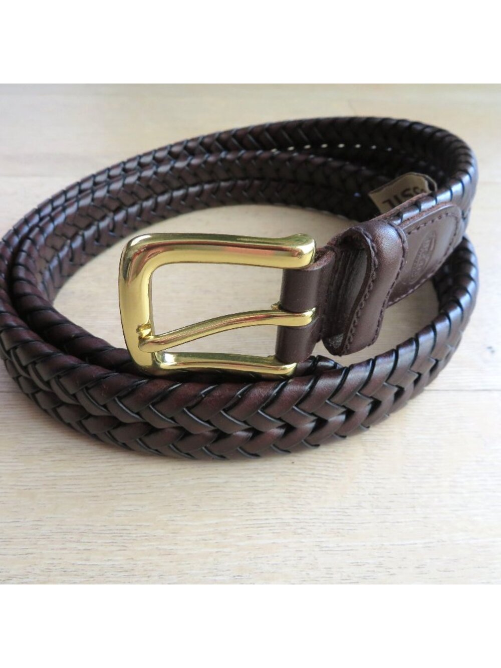 Fossil Maddox Woven Braided Leather Belt with Brass-Tone Buckle Size 38 Brown